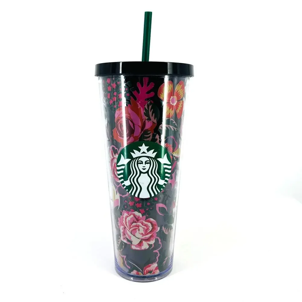 Starbucks X Ban.do Floral Rose Cold Cup Tumbler 24 oz Black Pink Straw Travel